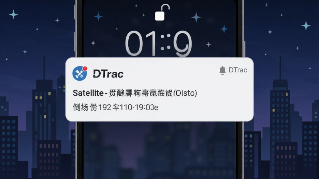 一张表现 DTrac 过境提醒通知功能的手机界面插画,主体为一部安卓手机,锁屏界面弹出