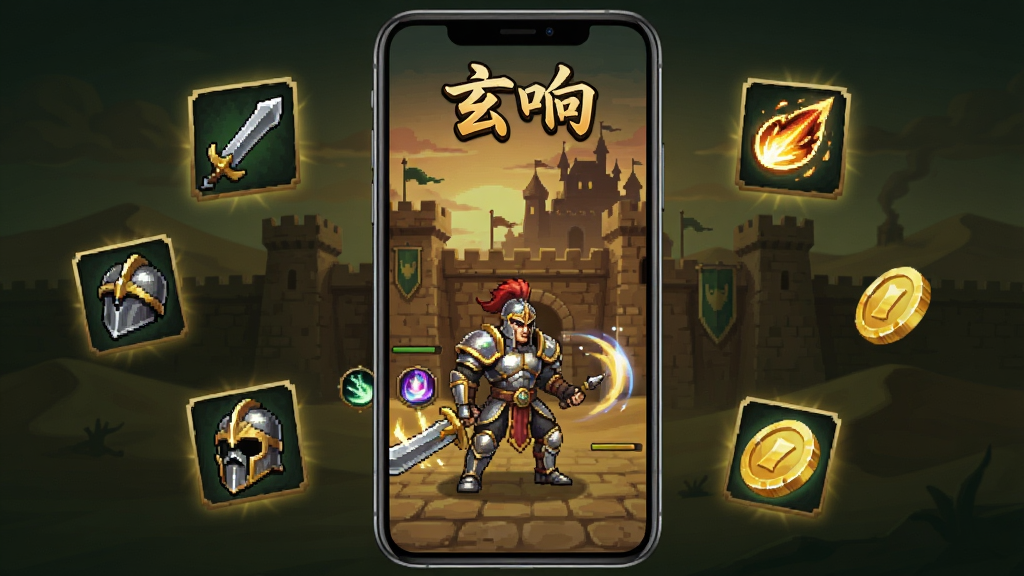 画面中央是一部竖屏智能手机,手机屏幕上显示“玄响”游戏主界面,界面中有复古风格的战士角色站在沙巴克城墙前,背景是黄昏色调的沙漠与城堡剪影,手机周围漂浮着几件发光的装备图标与金币元素,整体采用暗金与墨绿配色,风格为复古传奇游戏宣传画,细节包含城墙砖纹、角色铠甲反光、技能光效,画质高清,画面干净,无多余元素