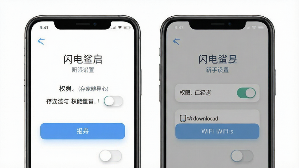 一张展示闪电鲨新手设置界面的示意图,画面中手机屏幕显示权限开启引导页,背景为白色,风格为清新简约,细节包括存储权限开关和WiFi下载选项,画质清晰干净