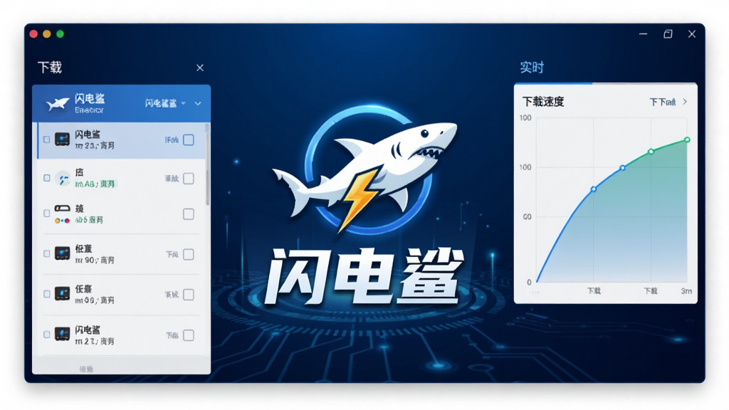 一张展示闪电鲨软件主界面的预览图,画面中央是软件名称“闪电鲨”的Logo,背景为深蓝色科技感渐变,界面左侧显示下载任务列表,右侧显示实时下载速度曲线图,整体风格简洁现代,画质清晰,无多余元素