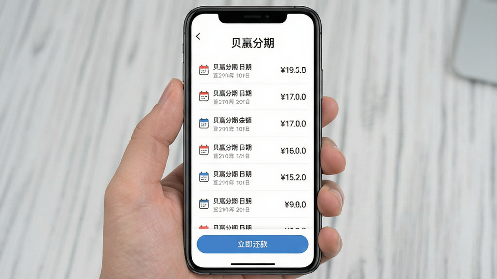 一张手机展示贝赢分期还款计划页面,屏幕上方显示“贝赢分期”文字,中间区域以列表形式展示每期还款金额与还款日期,底部有“立即还款”按钮,布局为竖屏手机截图,排版清晰有序,风格为简洁金融App界面,细节包括日历图标、金额数字、列表分割线,画质高清,干净,无多余元素