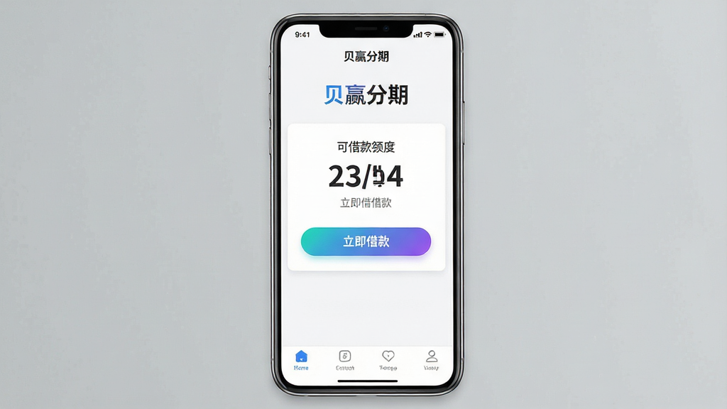 一张手机屏幕展示贝赢分期应用主界面,界面顶部显示“贝赢分期”文字标识,中间区域展示可借款额度数字与“立即借款”按钮,底部为导航栏,整体布局简洁清晰,排版为竖屏手机截图样式,风格为现代金融类App界面设计,细节包括状态栏图标、卡片式额度展示区域、按钮渐变色彩,画质高清,干净,无多余元素
