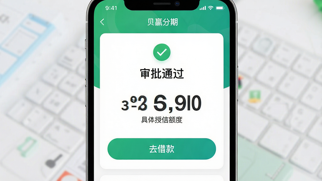 一张手机界面截图展示贝赢分期额度审批通过页面,屏幕中央显示“审批通过”字样与具体授信额度数字,下方有“去借款”按钮,布局为竖屏手机App页面,排版突出额度数字,风格为金融科技类界面,细节包括绿色对勾图标、额度数字大号字体、按钮圆角设计,画质高清,干净,无多余元素