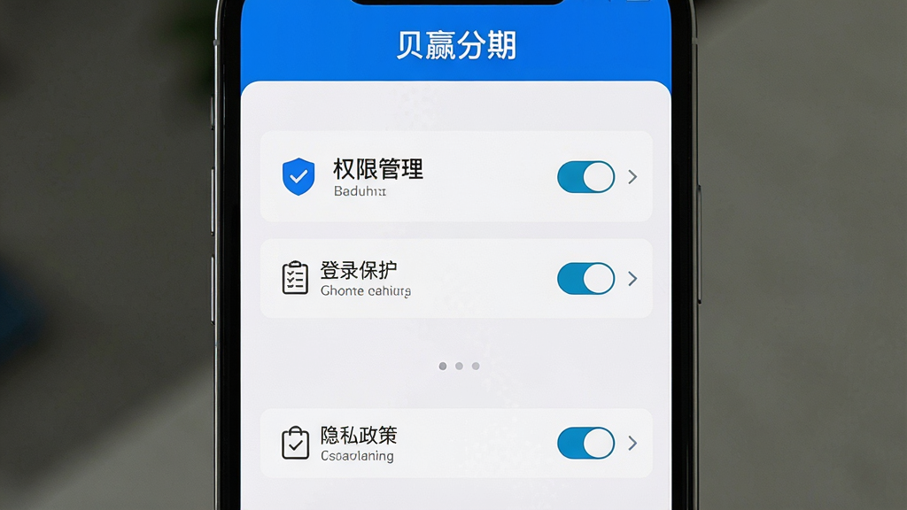 一张手机屏幕展示贝赢分期安全设置页面,顶部显示“贝赢分期”文字,中间区域列出权限管理、登录保护、隐私政策等选项,布局为竖屏手机App设置界面,排版为列表式,风格为安全类功能页面,细节包括盾牌图标、开关按钮、箭头指示,画质高清,干净,无多余元素