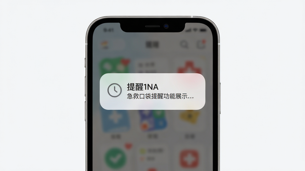 急救口袋安全提醒功能展示图,主体为手机屏幕中弹出提醒通知卡片,布局为居中弹窗样式,风格为柔和圆角设计,细节上包含时钟图标与提醒文字,画质干净简洁,无多余元素