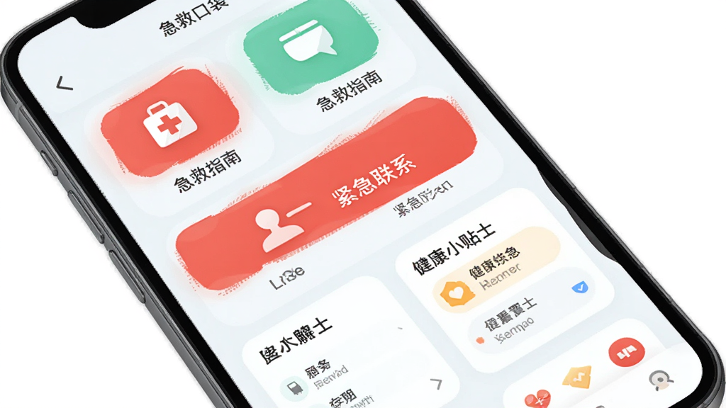 急救口袋软件主界面全貌展示,主体为一部智能手机屏幕,屏幕中清晰呈现急救口袋的首页布局,包含急救指南图标、紧急联系入口和健康小贴士卡片,布局简洁有序,排版采用清爽的浅色系风格,细节上体现圆角按钮与扁平化图标,画质干净清晰,无多余元素,整体风格现代实用