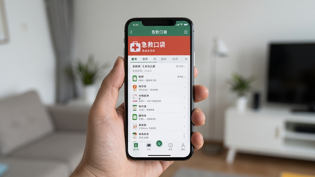 急救口袋移动端操作示意图,主体为一只手握持手机展示软件主界面,布局为竖屏手机特写,风格为真实场景摄影感,细节上手机屏幕显示急救口袋首页内容,背景为简洁室内环境,画质清晰自然,无多余元素