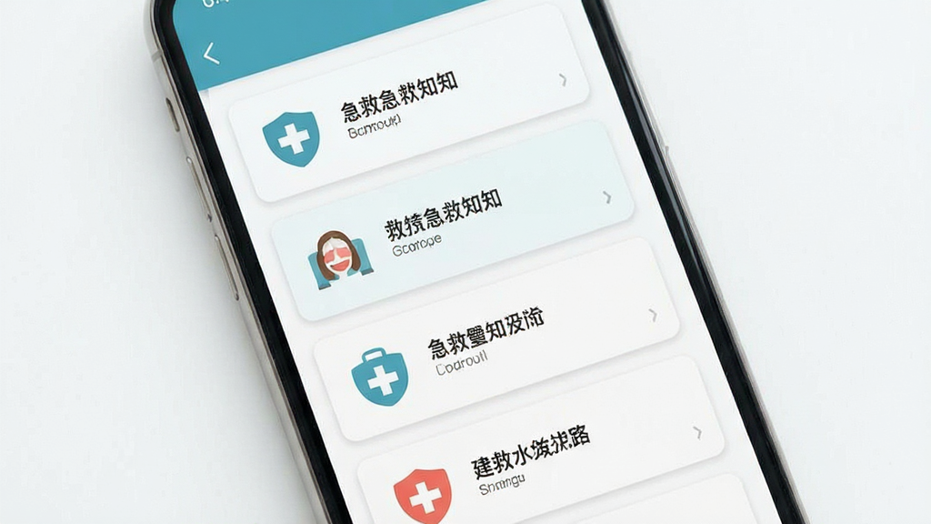 急救口袋知识速查功能展示图,主体为手机屏幕中呈现分类清晰的急救知识卡片列表,布局采用纵向滚动式排版,风格为扁平化医疗主题,细节上每张卡片配有简洁图标与标题文字,画质干净明亮,无多余元素
