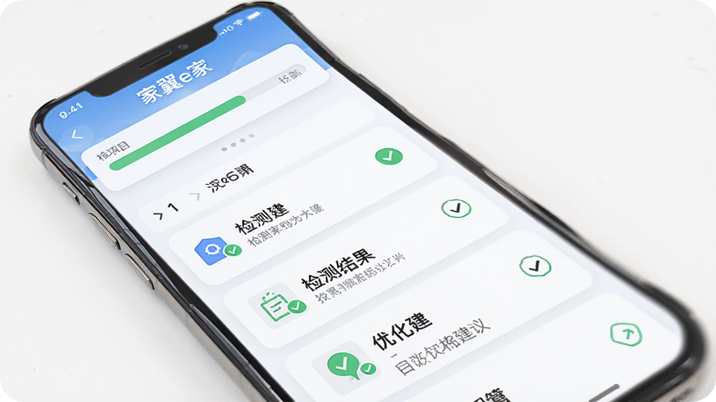 家翼e家网络诊断功能界面,画面展示手机屏幕上的诊断进度条和检测结果列表,布局采用竖向步骤式设计,风格专业且友好,细节包括检测项目图标、状态勾选标记、优化建议文字,画质高清,干净,无多余元素