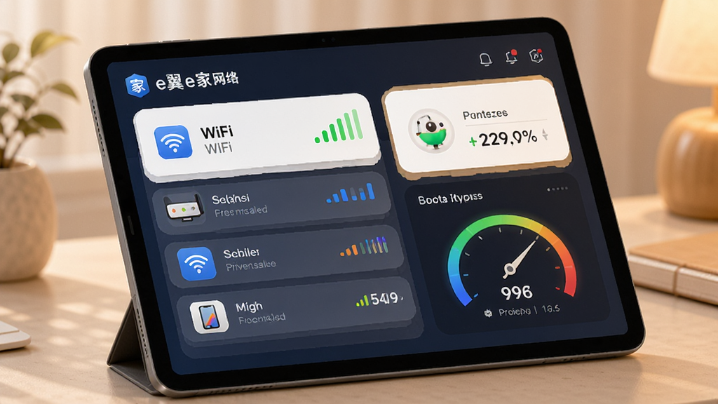 家翼e家家庭网络管理界面,画面主体为平板电脑或手机屏幕,显示WiFi连接设备列表和网速仪表盘,布局采用分层信息卡片式设计,风格科技感与温馨感结合,细节包括设备图标、信号格、速度数值,画质清晰,干净,无多余元素