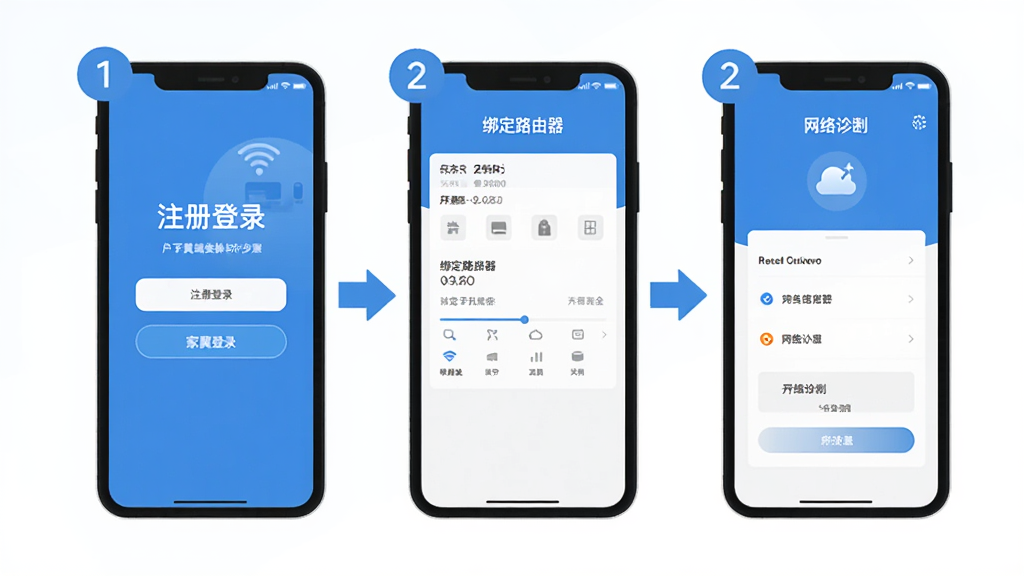 家翼e家手机端操作步骤示意图,画面展示三部手机并排,分别显示注册登录、绑定路由器、网络诊断三个界面,布局采用横向排列,风格扁平化教程风,细节包括箭头引导和步骤数字标注,画质清晰,干净,无多余元素
