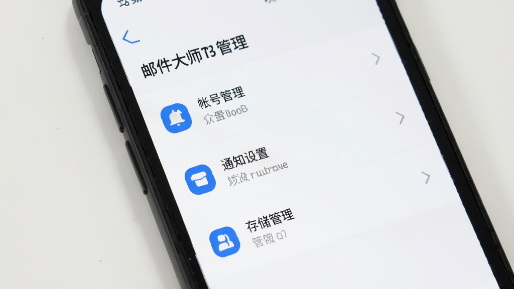 手机屏幕显示邮件大师管理的设置页面,包含账号管理、通知设置、存储管理等选项,界面整洁,蓝色图标点缀,背景为纯白,画质清晰,无杂乱元素