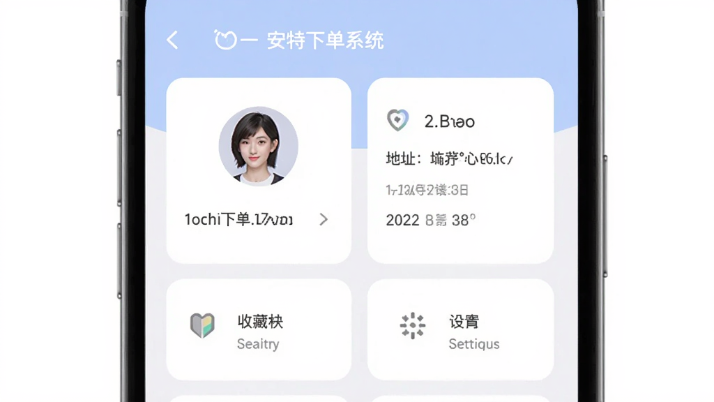 安特下单系统个人中心页面,主体是手机展示用户信息管理界面,布局采用卡片式分区排版,风格为柔和浅色系移动端设计,细节包含头像、地址管理、收藏夹、设置图标等元素,画质清晰,画面干净,无多余元素
