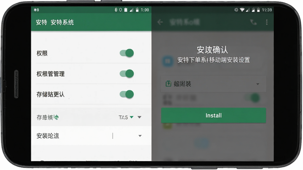 安特下单系统移动端安装设置界面,主体是手机展示权限管理与安装确认页面,布局采用上下分区排版,风格为安卓系统原生设置界面风格,细节包含权限开关、存储选择、安装按钮等元素,画质高清,画面干净,无多余元素