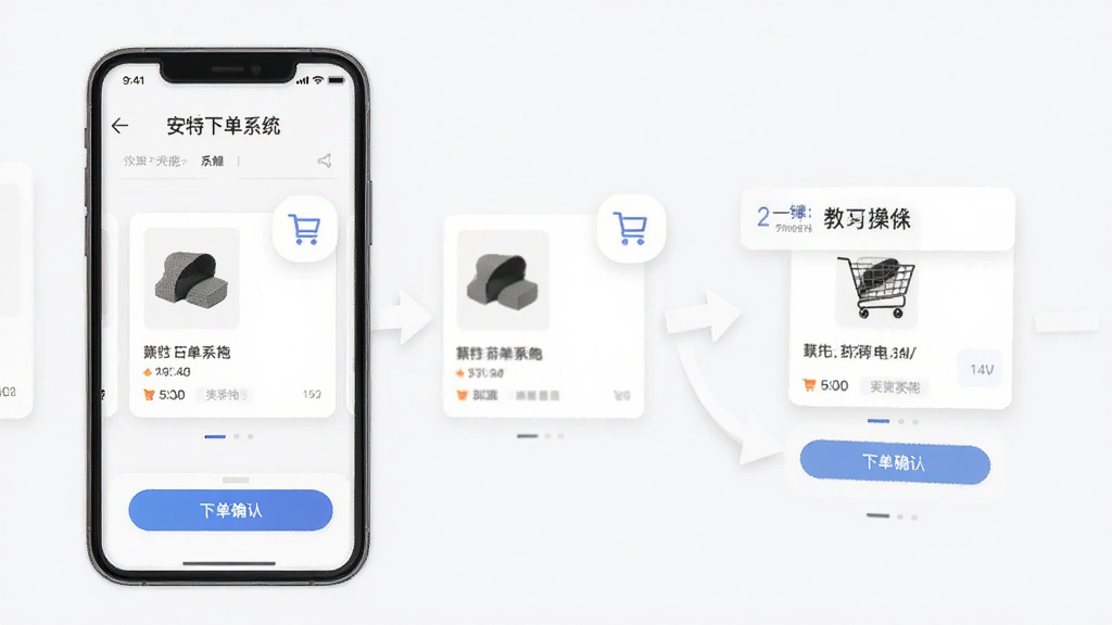 安特下单系统快捷下单功能界面,主体是手机屏幕展示一键下单操作流程,布局采用分步骤引导式排版,风格为清爽简约的移动端UI设计,细节包含商品卡片、购物车图标、下单确认按钮,画质高清,干净整洁,无多余元素