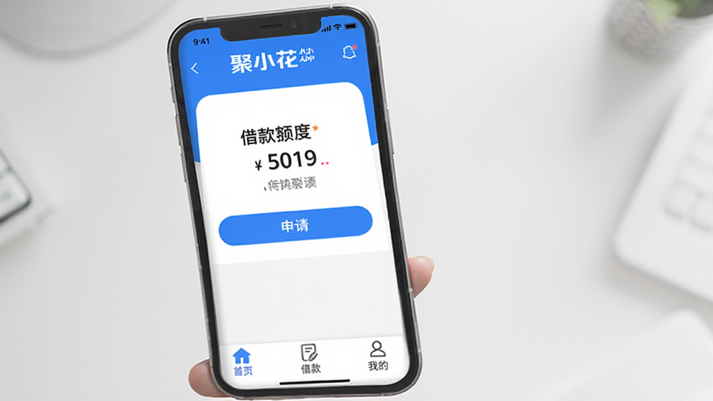 聚小花借款APP主界面展示,手机屏幕中显示聚小花应用首页,页面布局清晰,顶部有品牌标识,中部展示借款额度与申请入口,底部导航栏包含首页、借款、我的等图标,整体风格简洁现代,蓝白配色,干净明亮,高清画质,无多余元素