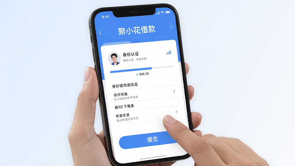 聚小花借款APP申请页面,手机界面展示身份认证与信息填写流程,页面中有进度条和提交按钮,人物手指正在点击屏幕,背景为简洁的浅色渐变,风格现代商务,高清画质,干净无多余元素
