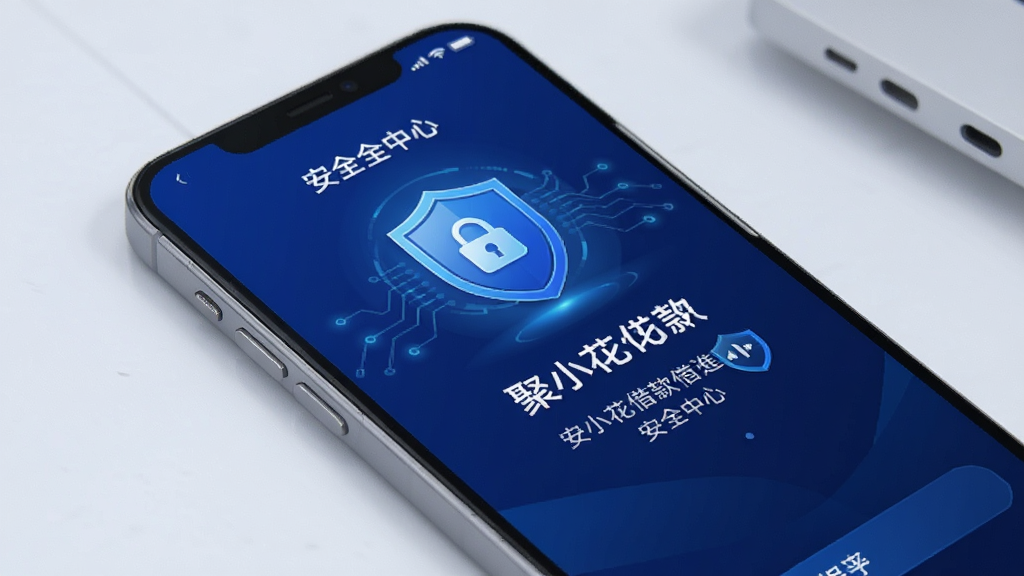 聚小花借款APP安全中心页面,手机屏幕显示盾牌图标和安全提示文字,界面以深蓝色为主色调,科技感强,布局简洁,高清画质,干净无多余元素