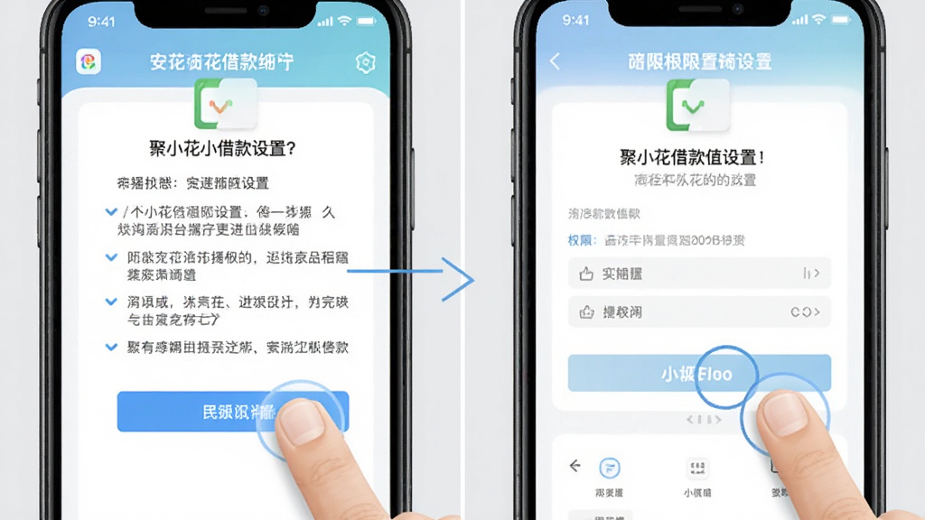 聚小花借款APP使用教程示意图,手机屏幕展示安装步骤和权限设置界面,画面中有手指点击操作,背景为浅灰色,风格简洁明了,高清画质,干净无多余元素