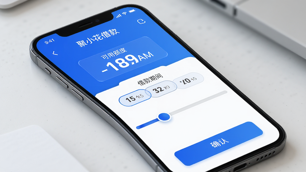 聚小花借款APP额度展示界面,手机屏幕中显示可用额度数字和借款期限选项,界面配色为蓝色和白色,布局清晰,有滑动条和确认按钮,风格简洁科技感,高清画质,干净无多余元素