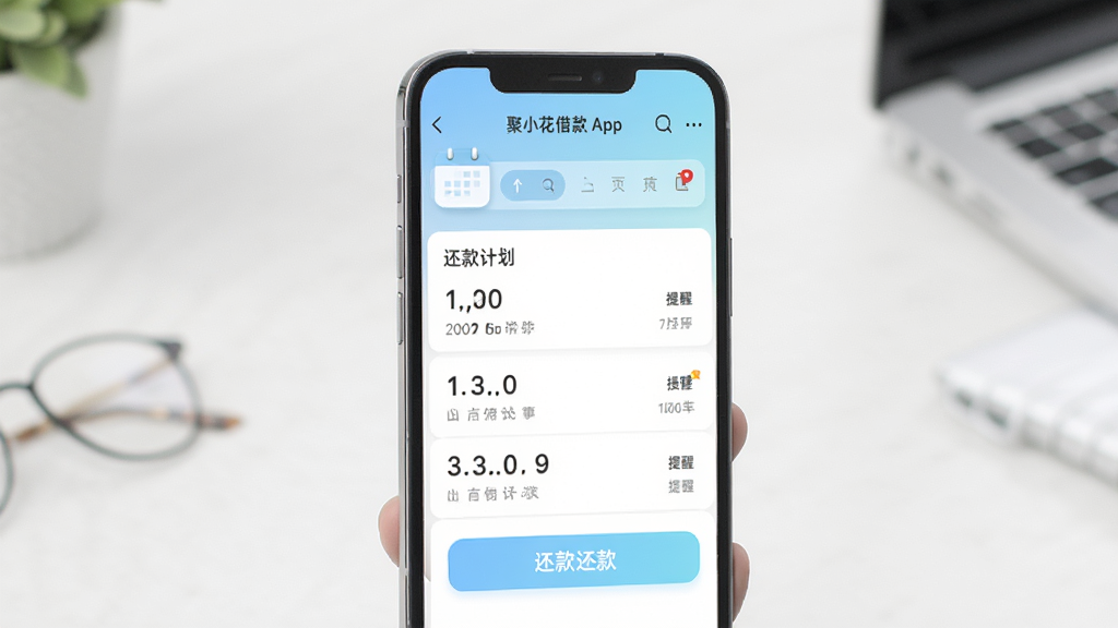 聚小花借款APP还款页面,手机界面展示还款计划列表和还款按钮,页面中有日历图标和提醒标识,配色柔和,风格清新简约,高清画质,干净无多余元素