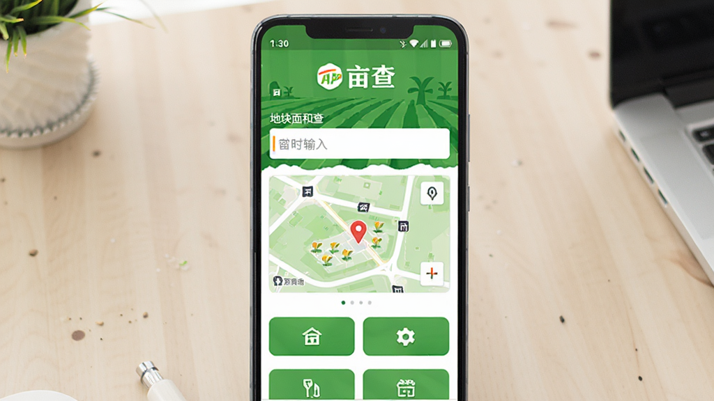 亩查APP主界面展示图,画面中央是一部安卓手机,屏幕显示绿色农田风格的亩查软件首页,上方有亩查文字标识,中间是地块面积查询输入框和地图定位区域,下方排列功能按钮,背景是整洁的浅色桌面,风格清新简约,细节清晰,画质干净,无多余元素