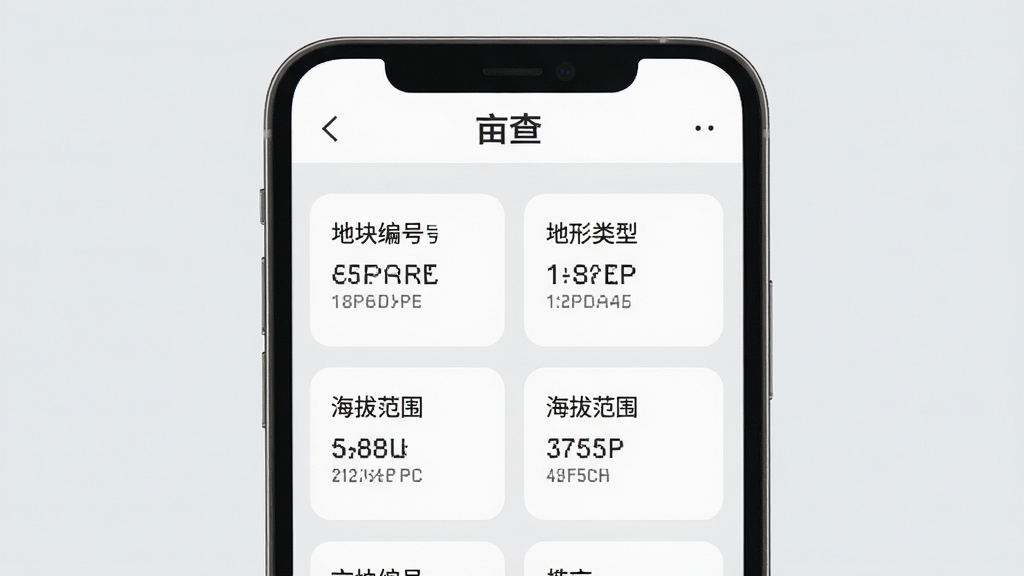 亩查APP土地信息查询结果页面图,手机屏幕显示地块编号、地形类型、海拔范围等数据卡片,背景为浅灰色,卡片圆角设计,顶部有亩查导航栏,风格商务简洁,细节清晰,画质干净,无多余元素