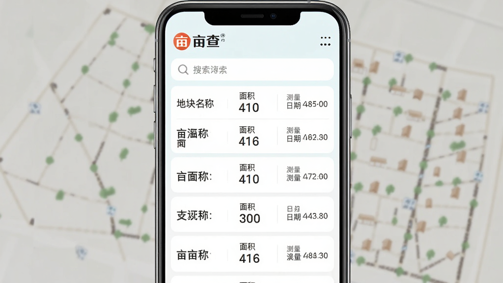 亩查APP测量记录列表界面图,手机屏幕显示多条地块测量记录,每条记录包含地块名称、面积数值、测量日期,列表整洁,顶部有搜索框和亩查标识,风格清新浅色,细节清晰,画质干净,无多余元素