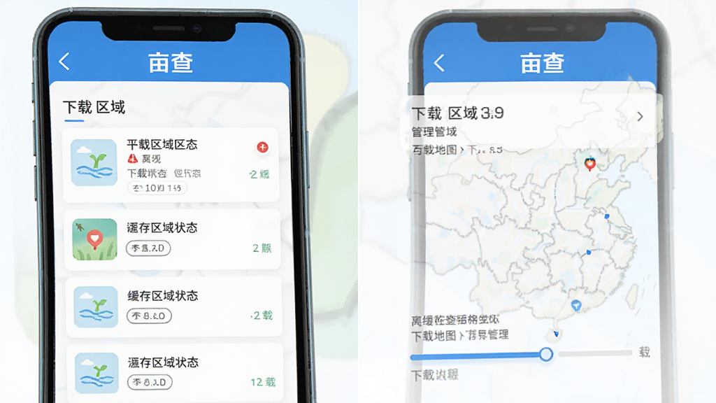 亩查APP离线地图下载管理界面图,手机屏幕显示可下载区域列表和已缓存区域状态,带有下载进度条,界面以蓝色和白色为主,顶部有亩查标题,风格清爽素雅,细节清晰,画质干净,无多余元素