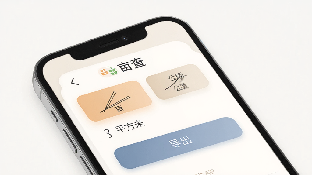 亩查APP单位换算与数据导出界面图,手机屏幕显示面积单位换算面板和导出按钮,界面有亩、平方米、公顷等选项,配色柔和,顶部有亩查文字,风格极简素雅,细节清晰,画质干净,无多余元素