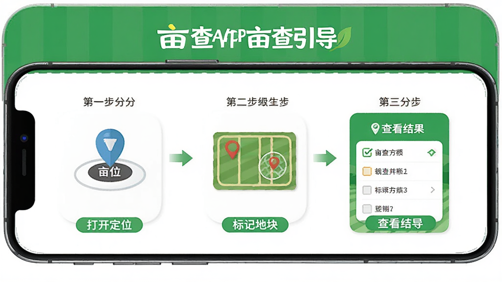 亩查APP新手操作引导页面图,手机屏幕显示分步操作图示,第一步打开定位,第二步标记地块,第三步查看结果,界面有亩查文字和绿色主题色,风格清新友好,细节清晰,画质干净,无多余元素