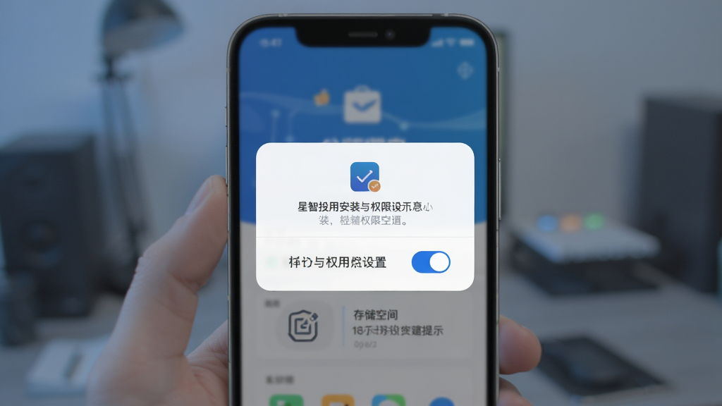星智投应用在手机上的安装与权限设置示意场景,主体为手机屏幕显示权限授权弹窗与存储空间提示,布局为居中弹窗加背景虚化,排版简洁,风格为科技蓝调,细节包含开关按钮、文字说明、图标点缀,画质高清,干净,无多余元素