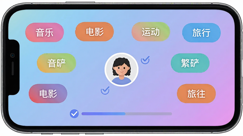 迷住Mehood应用在新手引导阶段的手机截图,画面显示兴趣标签选择页面,多个彩色标签如