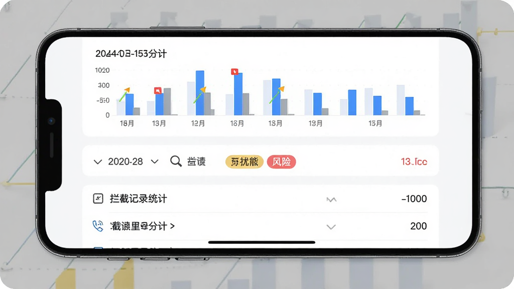 手机屏幕展示拒扰熊骚扰电话拦截的拦截记录统计页面,主体为柱状图与列表混合布局,布局上方为统计图表下方为拦截记录列表,排版采用卡片分区,风格为商务简约风,细节包括日期筛选器、风险标签、拦截数量数字,画质高清,干净,无多余元素