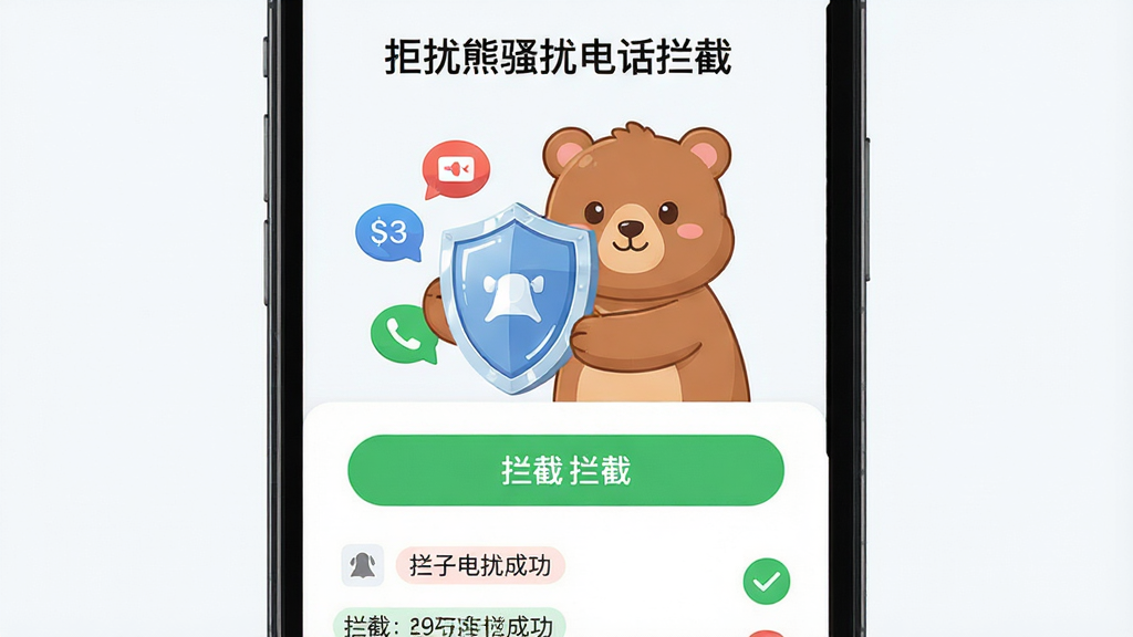 手机屏幕中央展示拒扰熊骚扰电话拦截软件界面,主体为一只卡通熊形象手持盾牌挡开来电图标,布局采用上下结构,上方为软件名称文字“拒扰熊骚扰电话拦截”,下方为拦截按钮与拦截记录列表,排版简洁清晰,风格为扁平化科技风,细节包括盾牌高光、号码标签、拦截成功打勾图标,画质高清,干净,无多余元素
