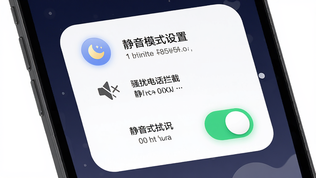 手机屏幕展示拒扰熊骚扰电话拦截的静音模式设置界面,主体为开关按钮与模式说明文字,布局为居中卡片式,排版采用图标加文字说明,风格为柔和圆角设计,细节包括月亮图标、静音符号、开关高亮状态,画质高清,干净,无多余元素