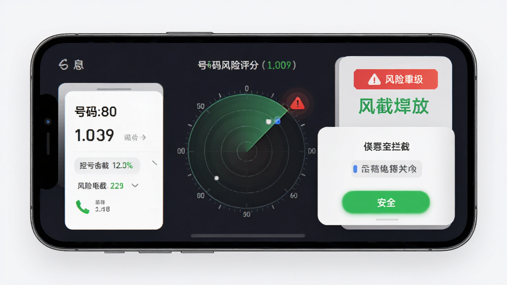 手机屏幕展示拒扰熊骚扰电话拦截的智能识别界面,主体为号码风险评分仪表盘与拦截弹窗,布局为左侧号码信息右侧风险等级标签,排版采用卡片式设计,风格为现代简约科技感,细节包括雷达扫描动画、红色警告标识、绿色安全标识,画质高清,干净,无多余元素