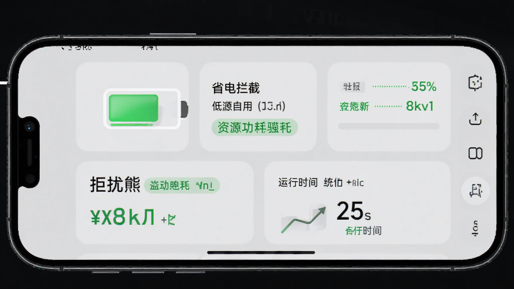 手机屏幕展示拒扰熊骚扰电话拦截的省电优化界面,主体为电池图标与资源占用数据,布局为上下结构,排版采用数据面板与说明文字,风格为极简浅灰质感,细节包括绿色电池标识、低功耗标签、运行时间统计,画质高清,干净,无多余元素