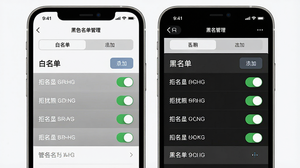 手机屏幕展示拒扰熊骚扰电话拦截的黑白名单管理页面,主体为两个并列列表分别标注“白名单”与“黑名单”,布局为上下分区,排版采用标签切换与列表项组合,风格为清爽浅色系,细节包括添加按钮、号码条目、开关控件,画质高清,干净,无多余元素