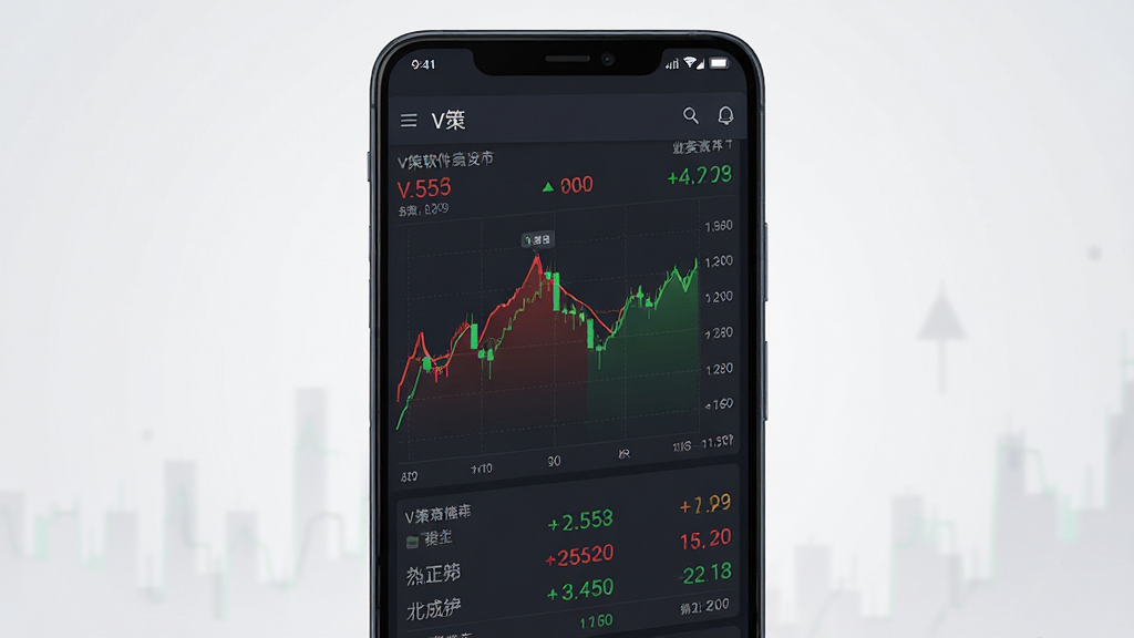 一张展示V策软件主界面的手机应用截图预览图,画面中央放置一部安卓手机,手机屏幕显示V策的行情数据看板,包含红绿涨跌曲线与数字指标,背景为简洁的浅灰渐变,整体风格偏向科技金融感,排版干净利落,细节清晰,画质高清,无多余元素