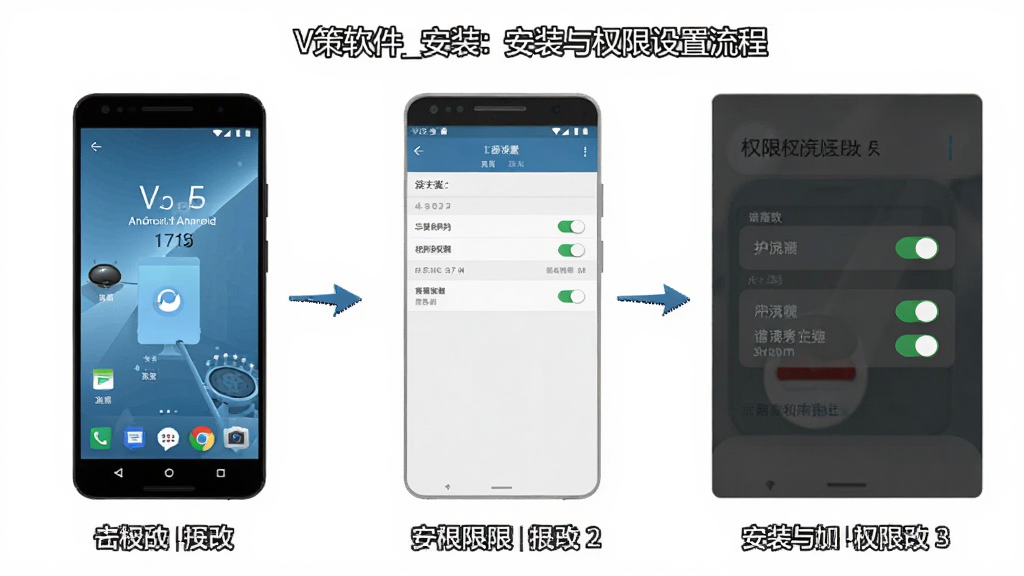 一张展示V策软件在安卓手机上安装与权限设置流程的示意图,画面包含手机屏幕、设置界面、权限开关等元素,布局分步展示,风格简洁教程风,细节清晰,画质高清,干净无多余元素
