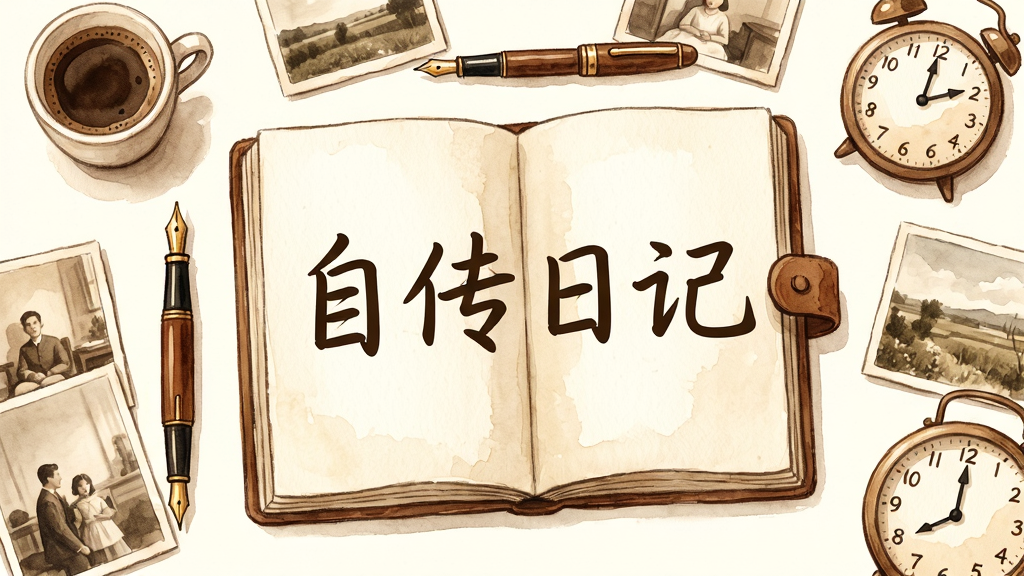 一幅展现个人自传写作场景的插画,画面中央是一本打开的笔记本,上面写着