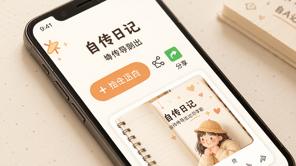 一张展示自传导出分享功能的图片,画面主体是手机屏幕显示