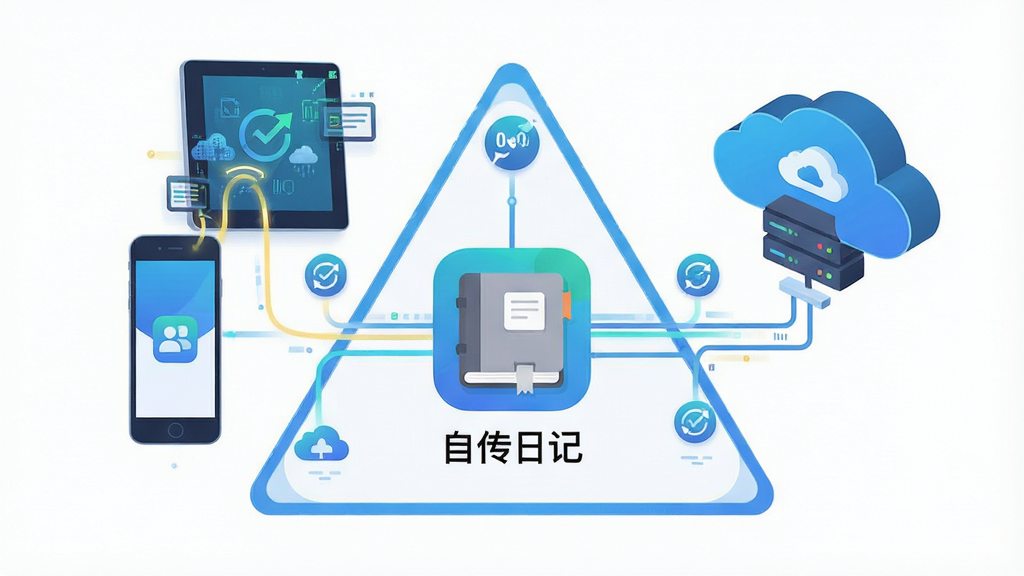 一幅展示云端同步概念的插画,画面中央是