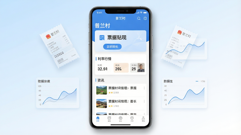 画面中央放置一部竖屏安卓手机,手机屏幕中展示“普兰村”App首页界面,界面包含票据贴现入口、利率行情卡片、资讯列表与底部导航栏;手机两侧漂浮半透明的票据凭证图形与数据折线图;背景为浅蓝到白色的渐变,布局采用居中对称式;风格为干净扁平化科技风;细节上手机边缘有柔和阴影,界面文字清晰无乱码;画质为高清2K,整体干净无多余元素。