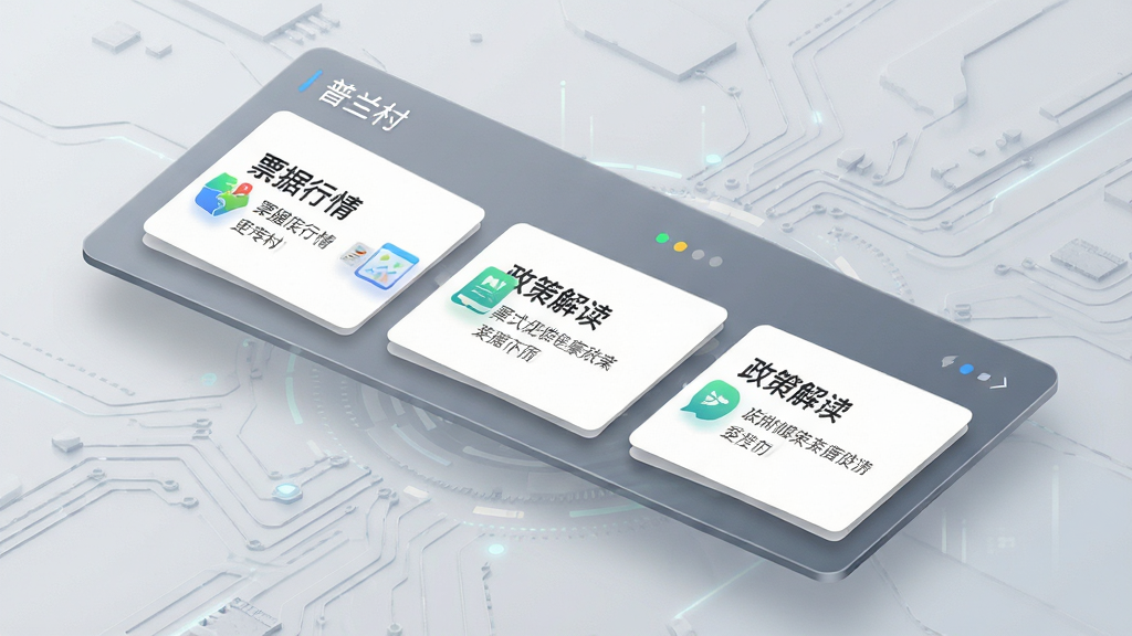 画面主体是一块悬浮的信息面板,面板上排列“普兰村”App的资讯卡片,卡片标题包含票据行情、政策解读等字样,旁边配有小图标;背景为淡灰色科技纹理,布局采用左上到右下的斜向排列;风格为现代简约信息图风;细节上卡片带有轻微投影,文字排版整齐;画质为高清2K,干净无多余元素。