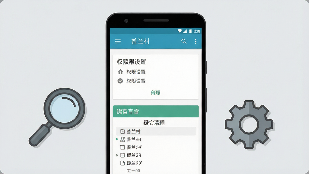 画面中央是一部安卓手机,屏幕显示“普兰村”App的权限设置页面与缓存清理界面;手机旁边放置一个放大镜图标与齿轮图标;背景为浅灰色,布局采用左右均衡式;风格为扁平化工具插画风;细节上图标线条简洁,界面文字清晰;画质为高清2K,干净无多余元素。