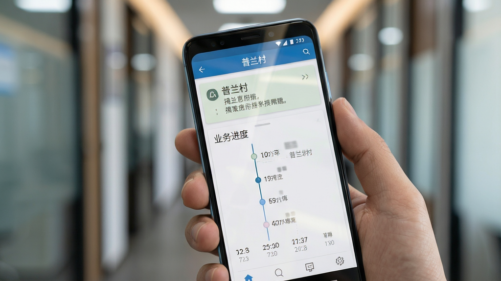 一只手握持安卓手机,屏幕显示“普兰村”App的消息提醒页面与业务进度时间轴;手机背景是模糊的办公室走廊;构图采用手持特写加浅景深;风格为写实产品摄影风;细节上手机屏幕反光自然,界面元素清晰;画质为高清2K,干净无多余元素。