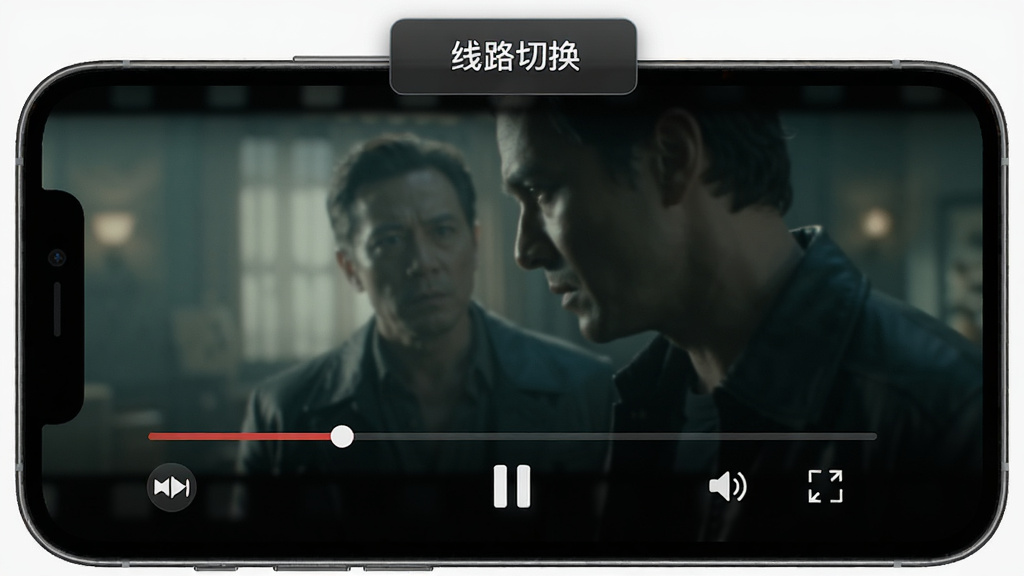 一张展示视频播放器界面的图片,画面中是一个手机横屏播放视频的场景,播放器底部有进度条、播放暂停按钮、音量调节和全屏按钮,播放器上方悬浮着“线路切换”的按钮,背景是模糊的电影画面,整体色调偏暗,细节包括清晰的UI控件、流畅的交互暗示,画质高清,干净无多余元素