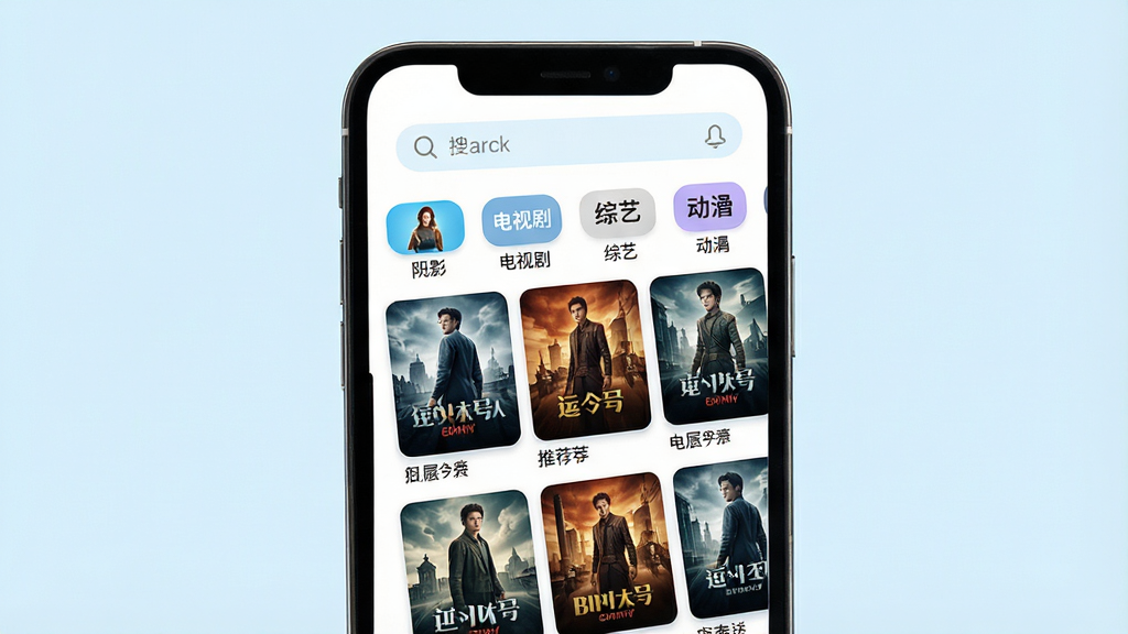一张展示手机应用界面的图片,画面中央是一部现代智能手机,手机屏幕显示逗号APP的主页,顶部有搜索框,下方是电影、电视剧、综艺、动漫等分类标签,中间是海报墙式的影视推荐列表,整体布局清晰,风格简约清新,色彩以白色和浅蓝色为主,细节包括圆角图标、清晰的文字标签、高质量的影视封面图,画质高清,干净无多余元素